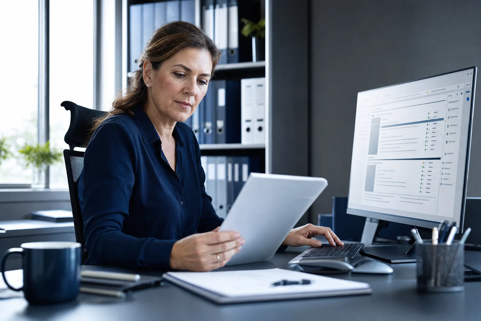 Expertin prüft Unterlagen und steuert die Arbeit ihres Teams